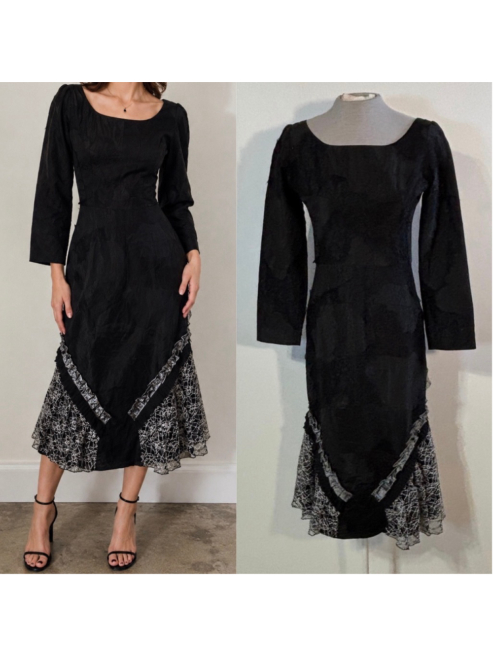Vintage Andrew Majtenyi Black Long Sleeve Dress Womenโs Size 6 Lace Back Zipper